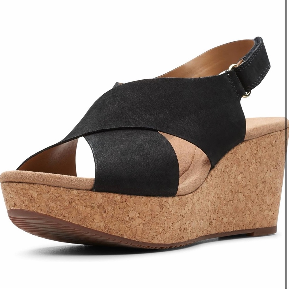 Women’s Black Cork Wedge Sandals - Slingback Comfort style